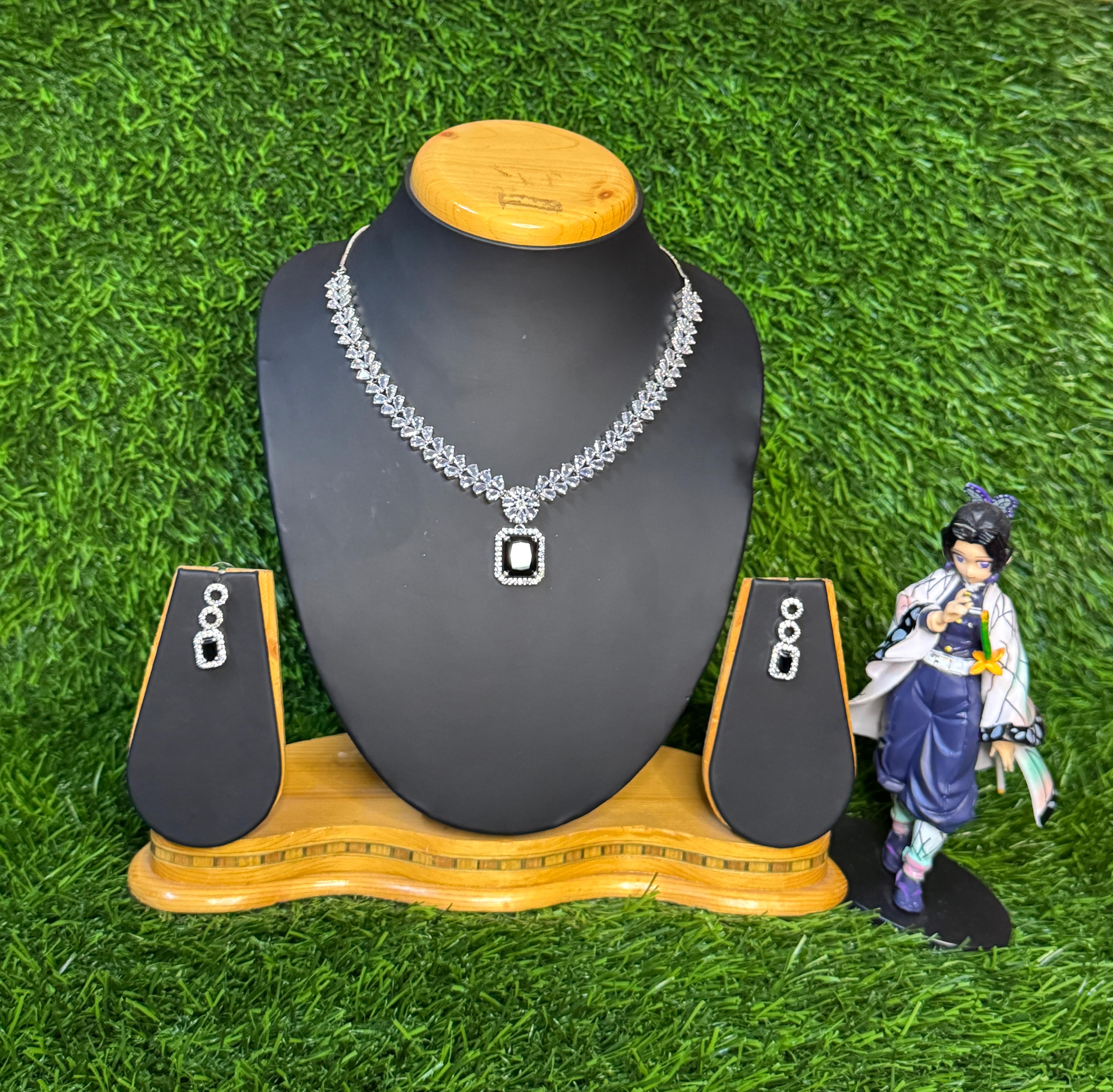 AD WHITE AND BLUE RHODIUM PLATED NECKLACE WITH EARRINGS