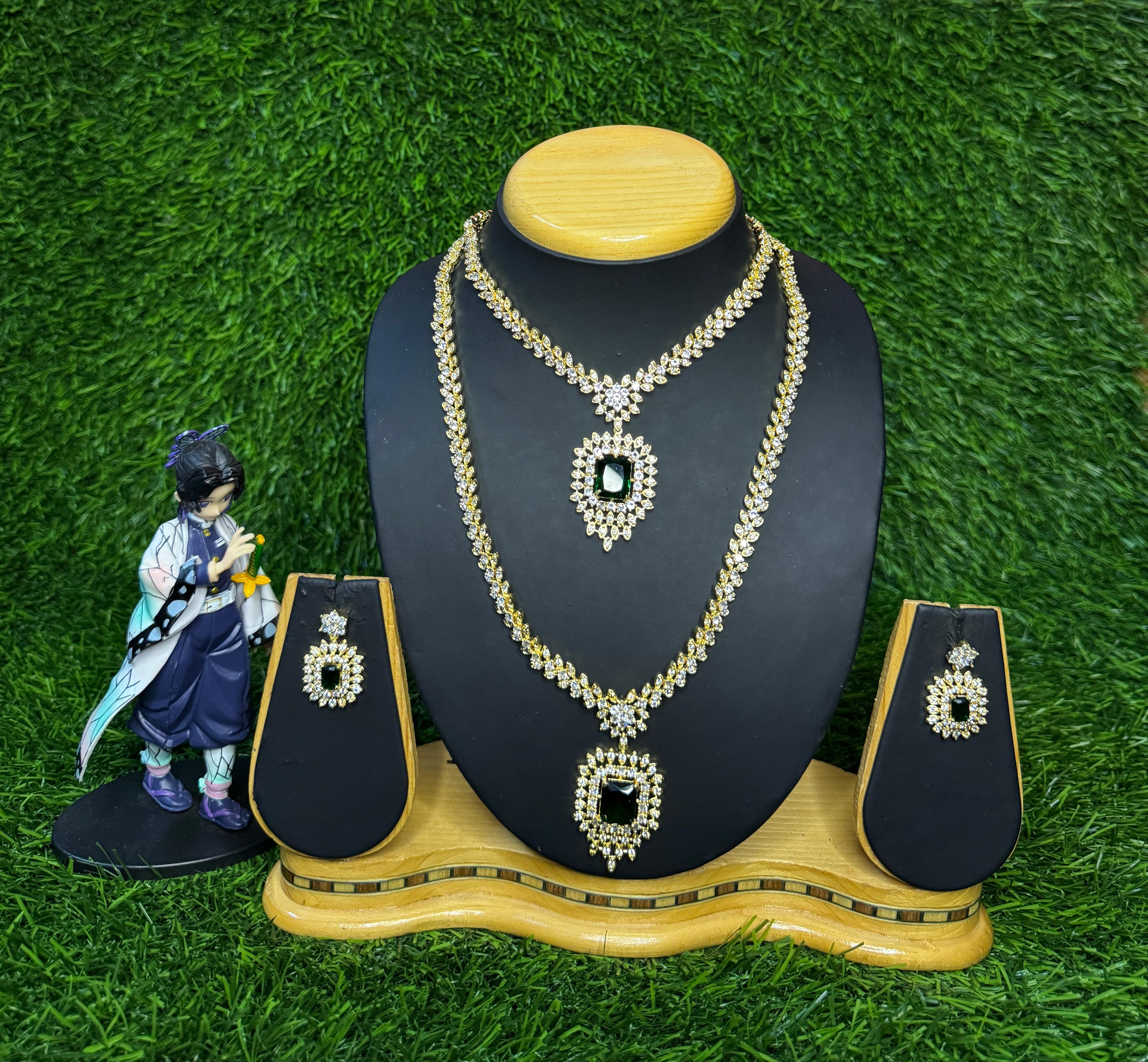 AD GOLD COLOUR DOUBLE NECKLACE WITH EARRINGS