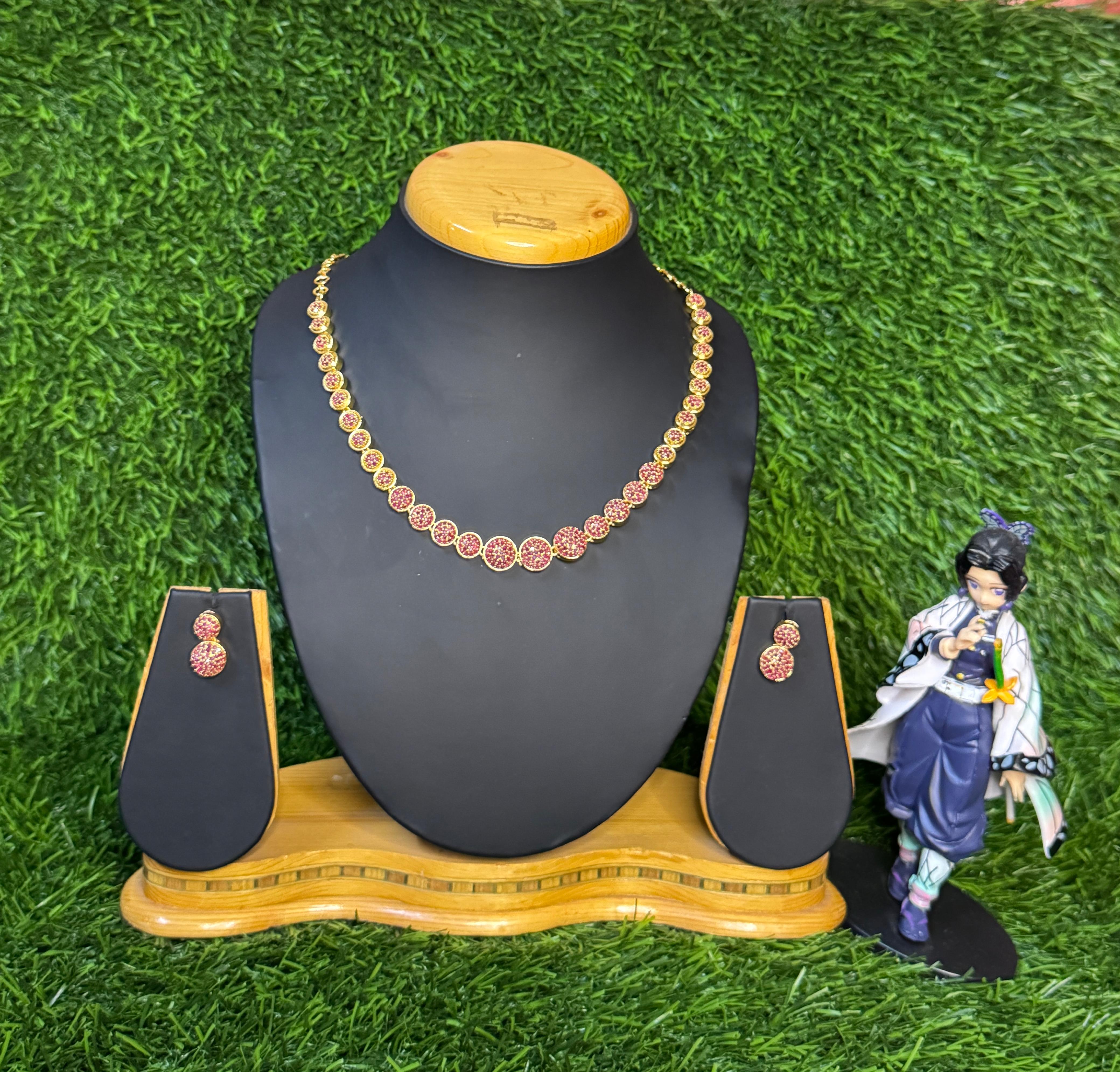 AD GOLD PLATED RUBY STONES NECKLACE WITH EARRINGS