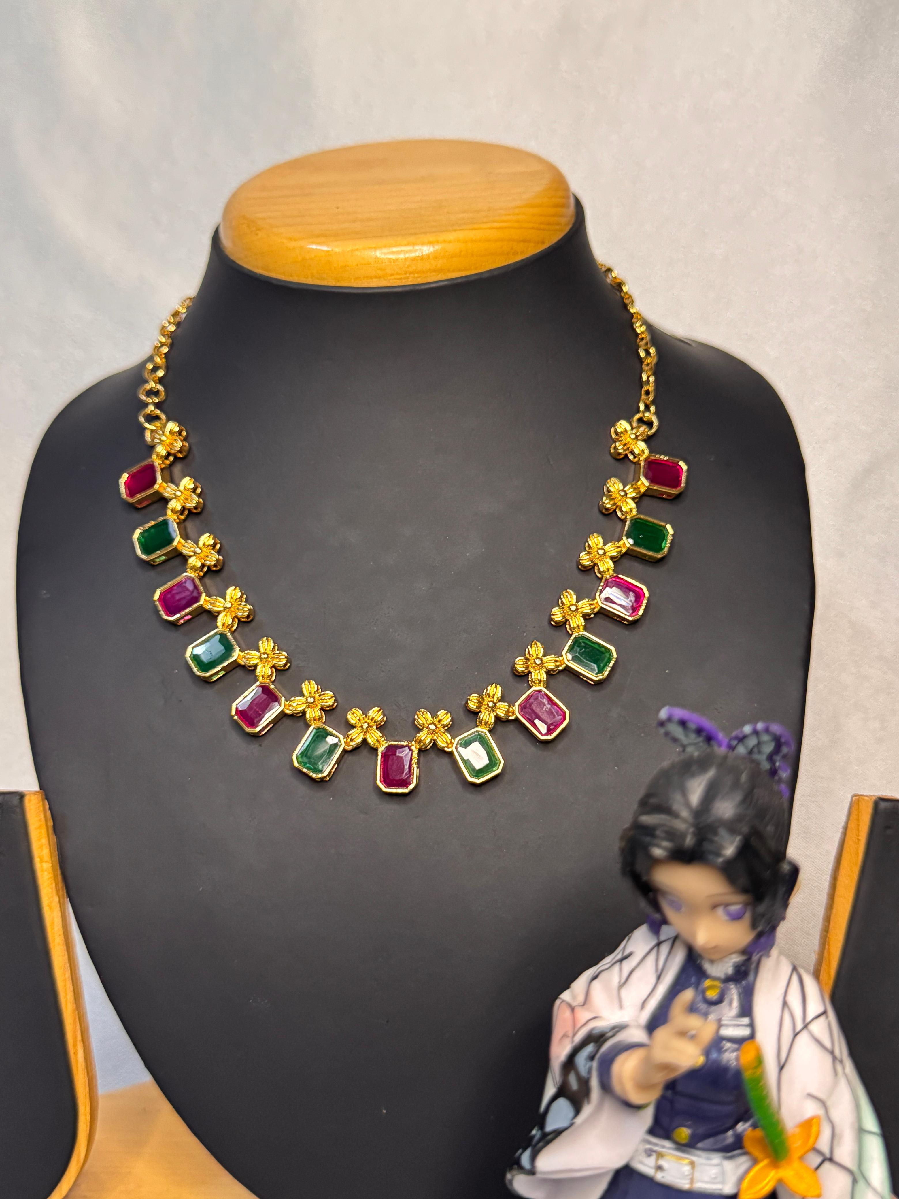 GOLD PLATED SHORT HARAM ( RUBY AND GREEN STONES )