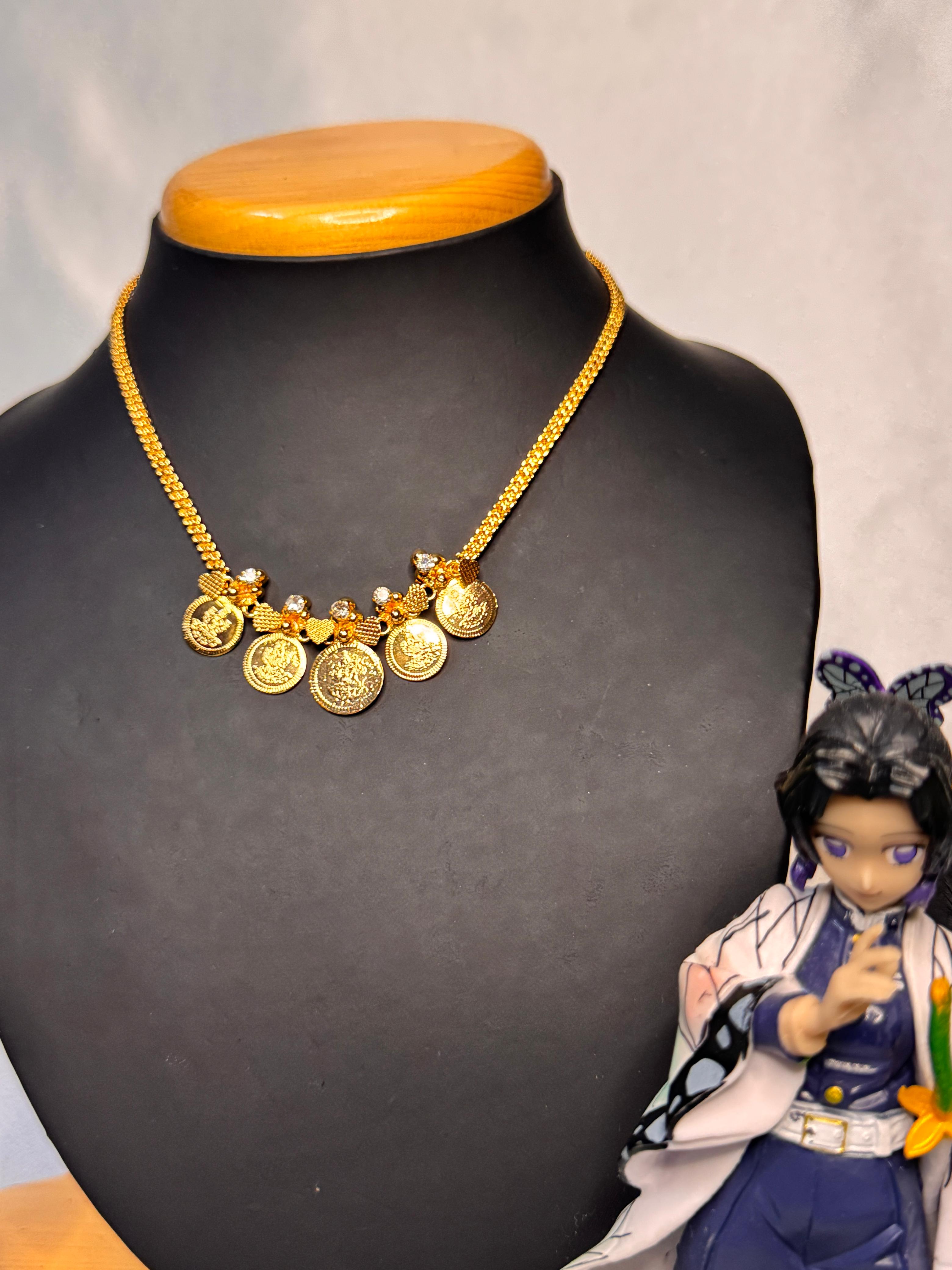 GOLD PLATED LAKSHMI DESIGN COIN SHORT HARAM ( 5 COINS )