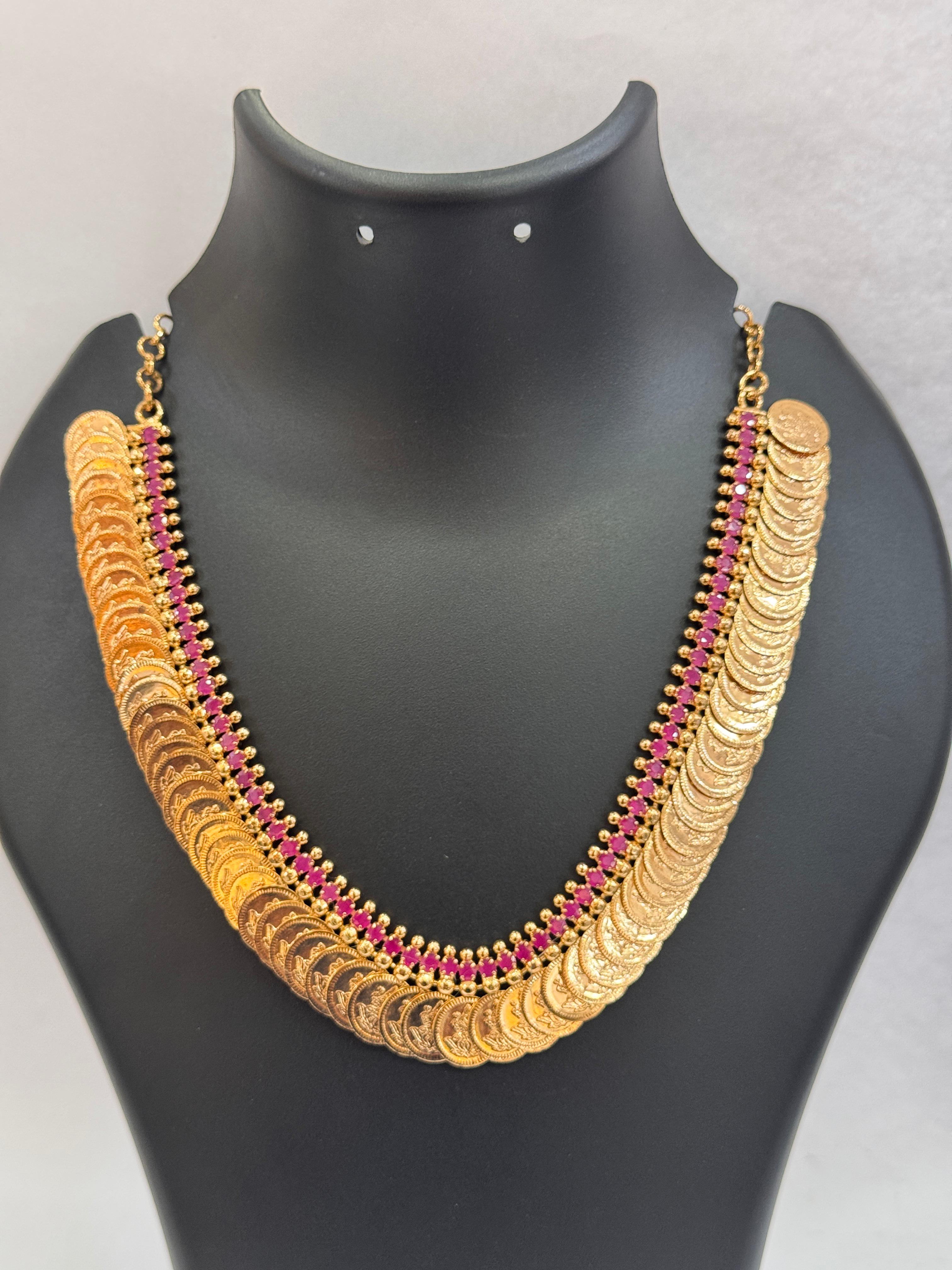 GOLD PLATED TRADITIONAL KASU RUBY NECKLACE