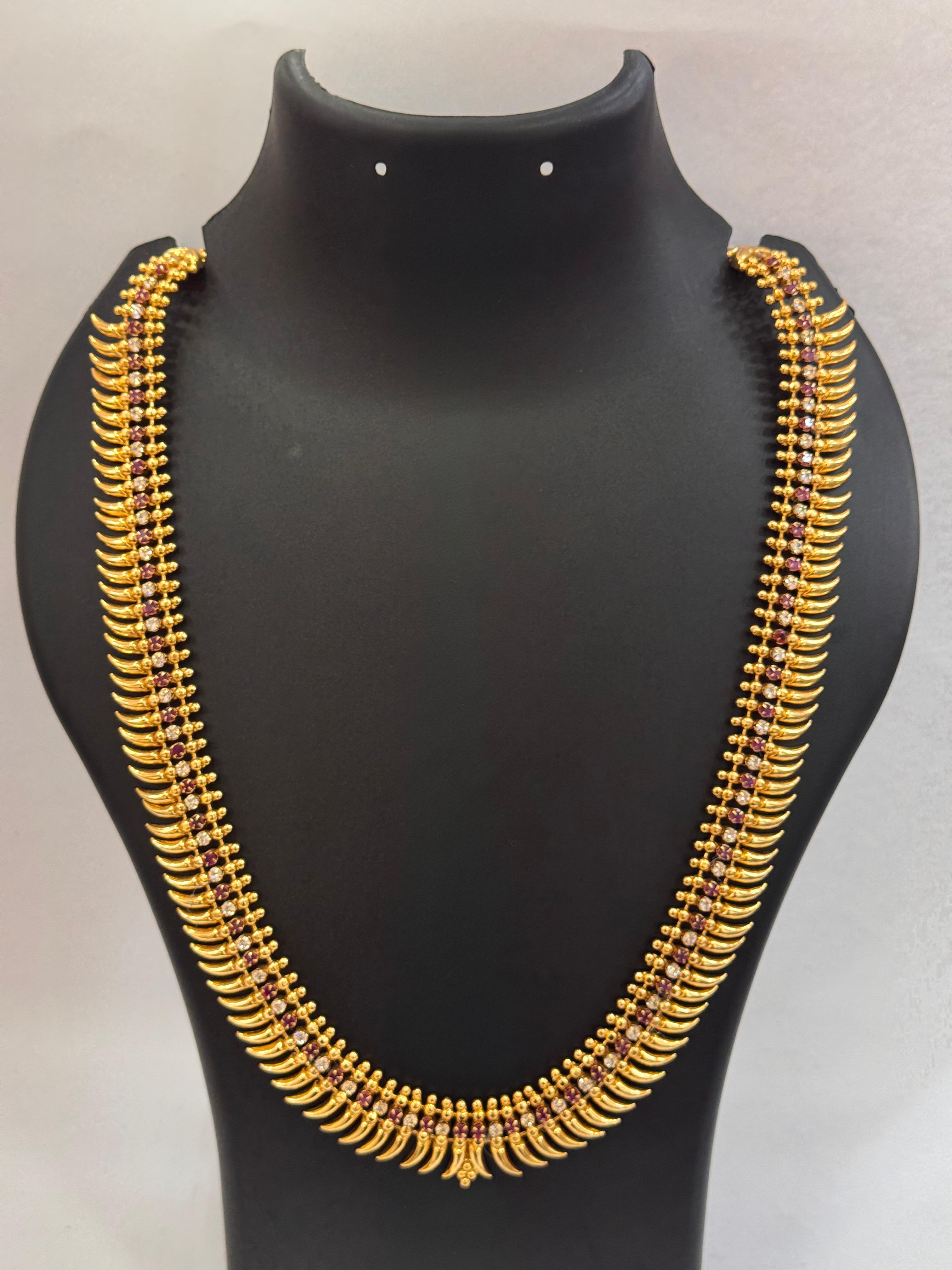 GOLD PLATED MULLA MOTTU LONG HARAM WITH RUBY AND WHITE STONES